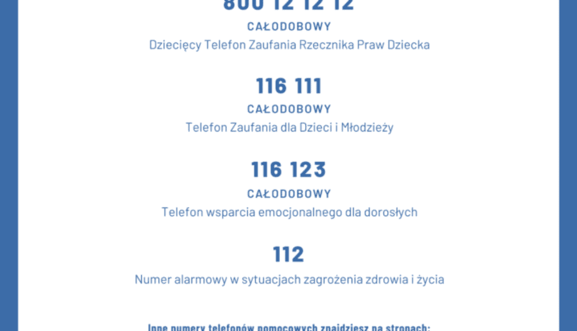 Telefony zaufania oraz infolinia wsparcia dzieci i młodzieży oraz dorosłych, którzy potrzebują pomocy